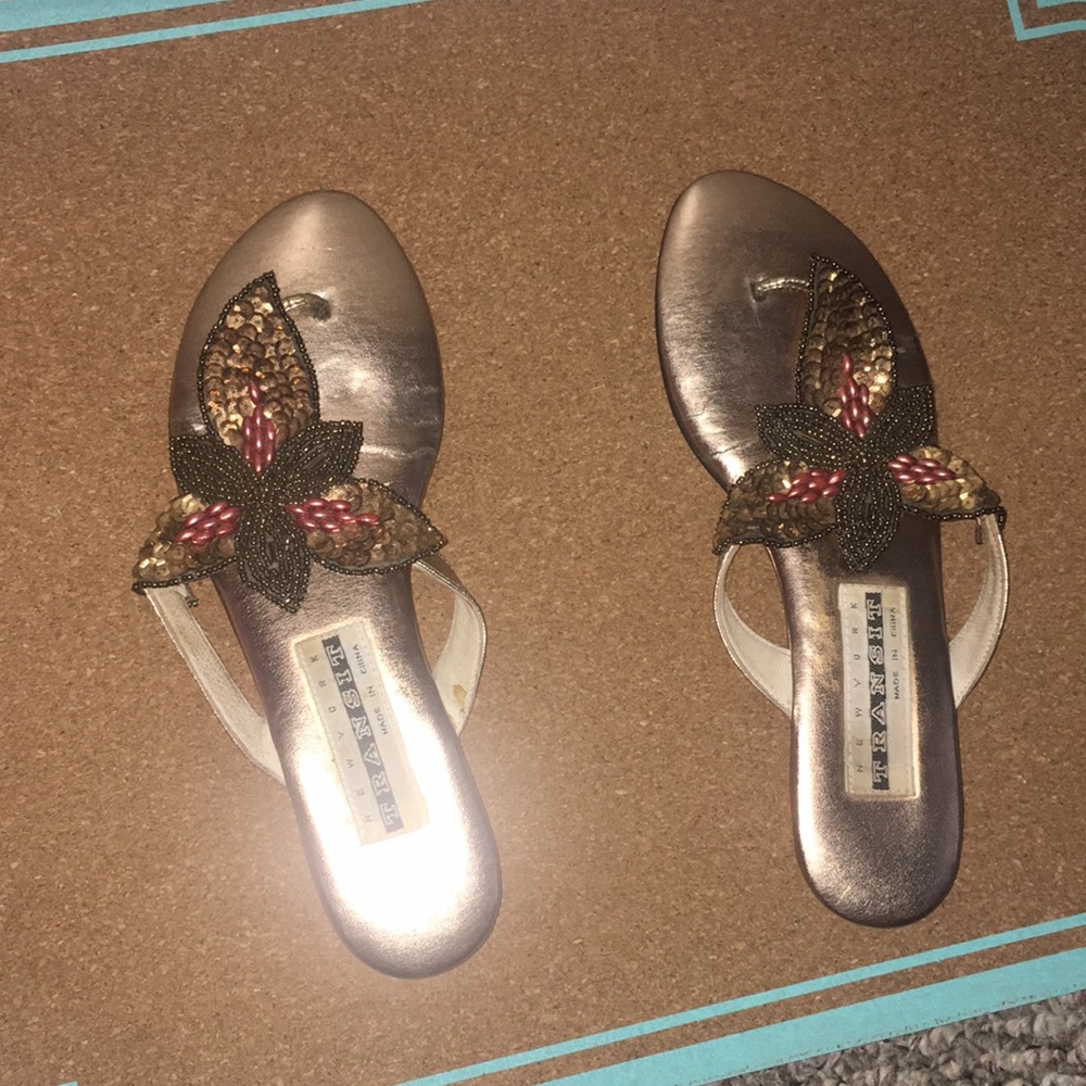 Metallic Brown Flip Flop Beaded Sandals